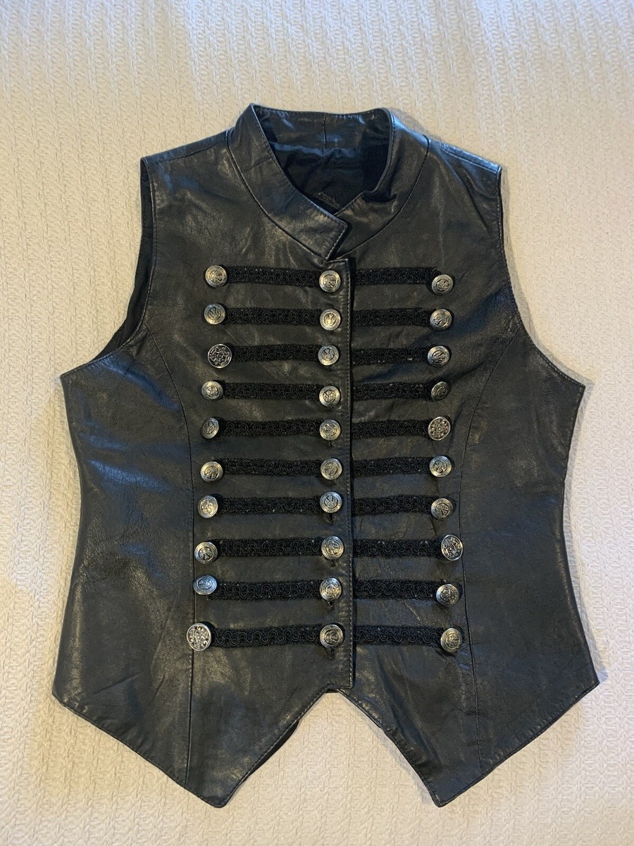 Vintage 90s Y2K Black Leather Vest Top Military Steampunk