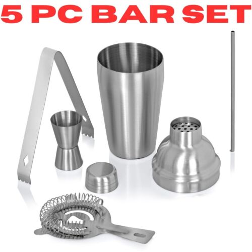 Cocktail Bar Bartender 5 Pc Mixing Set Drink Mix Stainless Steel Shaker Stirrer - Picture 1 of 11