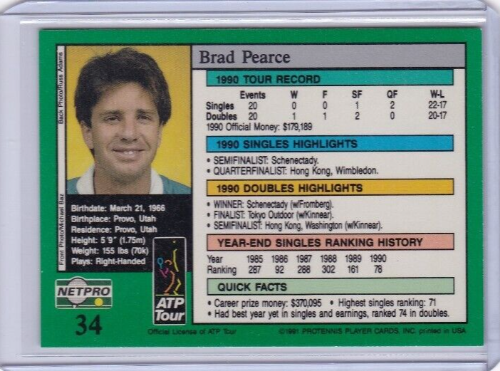 1991 NetPro Tour Stars Brad Pearce #34 Rookie RC TENNIS IDBB | eBay