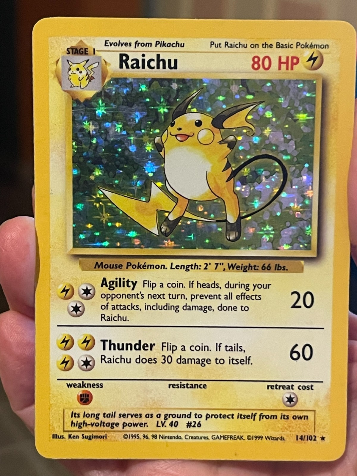 POKEMON RAICHU 14/102 RARE HOLOFOIL BASE SET MP CARD