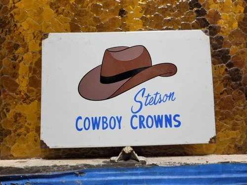 VINTAGE STETSON PORCELAIN SIGN OLD COWBOY CROWNS HAT RODEO WESTERN HORSE RIDING