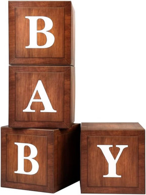 Wood Baby Shower Boxes Party Decorations - 4 Wood Grain Brown Blocks with Printe