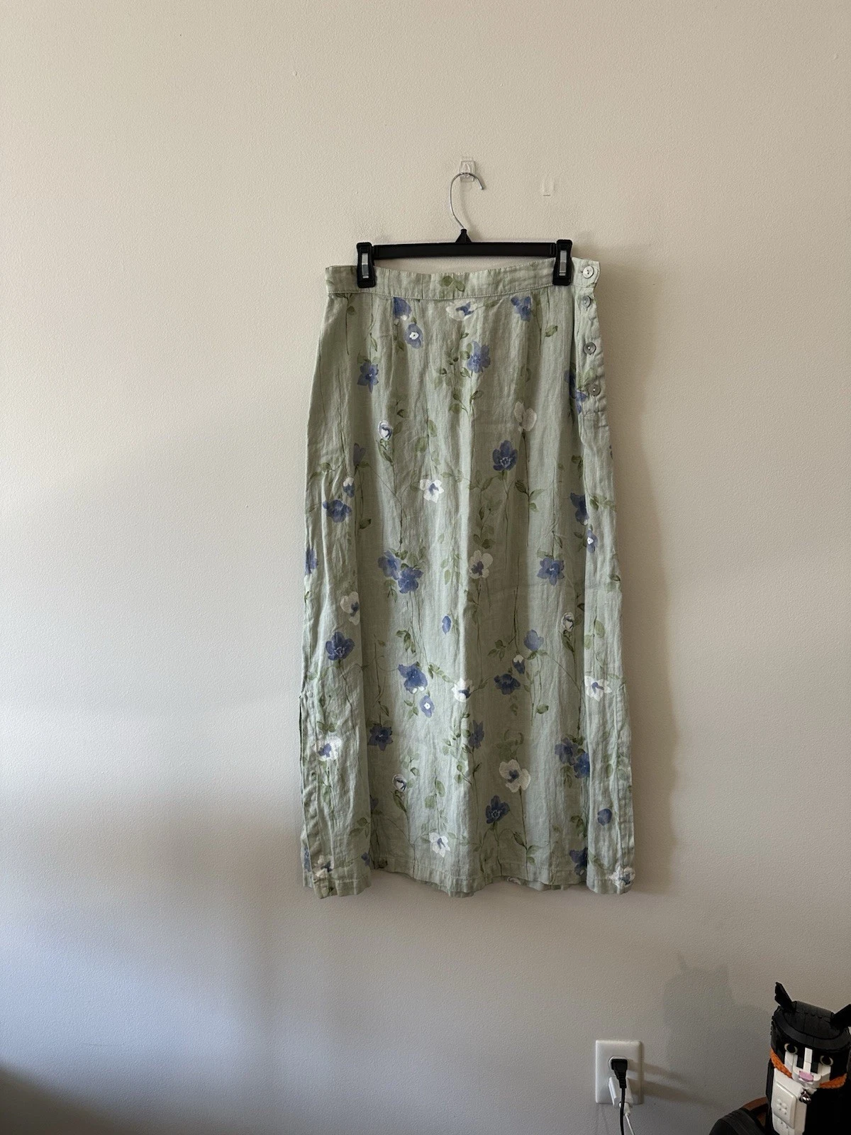Vintage Hand Painted? Floral Linen Button Slit Green Skirt Midi L Lagenlook USA
