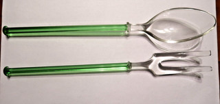 Vintage Glass Green Handle Salad Set 9 5/8"
