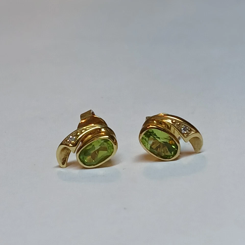 Paar Ohrringe Gold 333 Mit Peridot und Diamanten Ca. 1980er Ungetragen VINTAGE  - Bild 3 von 4