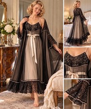 Vintage 1954 Trousseau Peignoir Nightgown Set Terris Black Lace Size Small