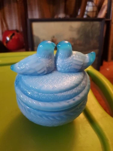 Vintage Blue Milk Glass Love Birds On Nest Candy Dish Bowl