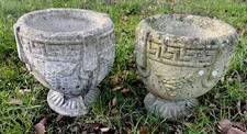 Pair Of Weathered Cast Stone Urn Planter Pot Greek Key Grapes - Weathered & Worn
