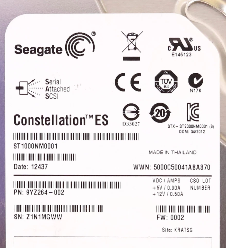 Seagate ST1000NM0001 1TB 3.5" 6Gb/s 64MB 7.2K RPM SAS HDD W/Caddy P/N:9YZ264-002 - Image 2 of 2