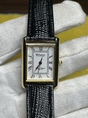 Lucien Piccard Dufonte Quartz Rectangle Gold Tone White Roman Dial Black Leather