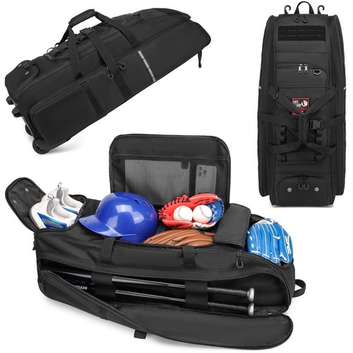Große rollende Baseballtasche mit Rollen, Softball Ausrüstungstasche für 4 Schläger, tragbar C - Bild 2 von 8