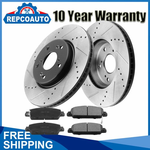Front Brake Rotors & Ceramic Pads Kit For 2013-2020 Honda Accord - Drilled & Slotted, Vented, Silver Zinc Finish