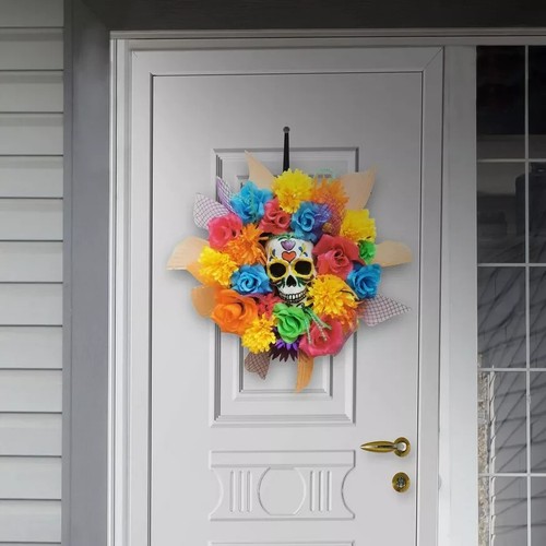 Dia De Muertos Floral Calavera Wreath Day of the Dead Halloween Decoration 17" - Picture 2 of 2
