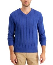 Club Room COBALT HEATHER Men's Drop-Needle V-Neck Cotton Sweater, US Large