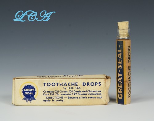 Antique TOOTHACHE DROPS bottle in BOX w/ LABEL blown glass vial GREAT SEAL Co