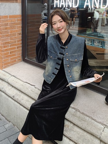 Midi Dress Denim Vest Set Women Long Sleeve Round Neck Black Velvet Size 6-14 - Picture 4 of 18