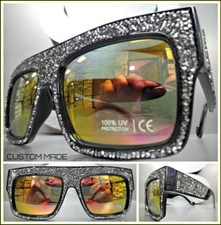 Oversized Modern Retro Style SUN GLASSES Black Frame Hematite Crystals Handmade