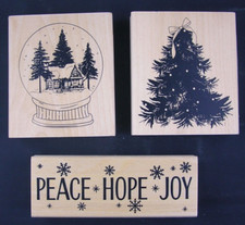 3 Recollections Christmas/Holiday Wood Stamps-Tree, Snowglobe, Peace/Hope/Joy