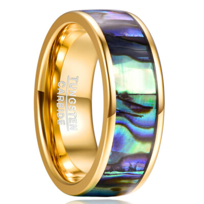 8mm Abalone Shell Women Mens Ring Tungsten Wedding Band Gold Plated Comfort Fit