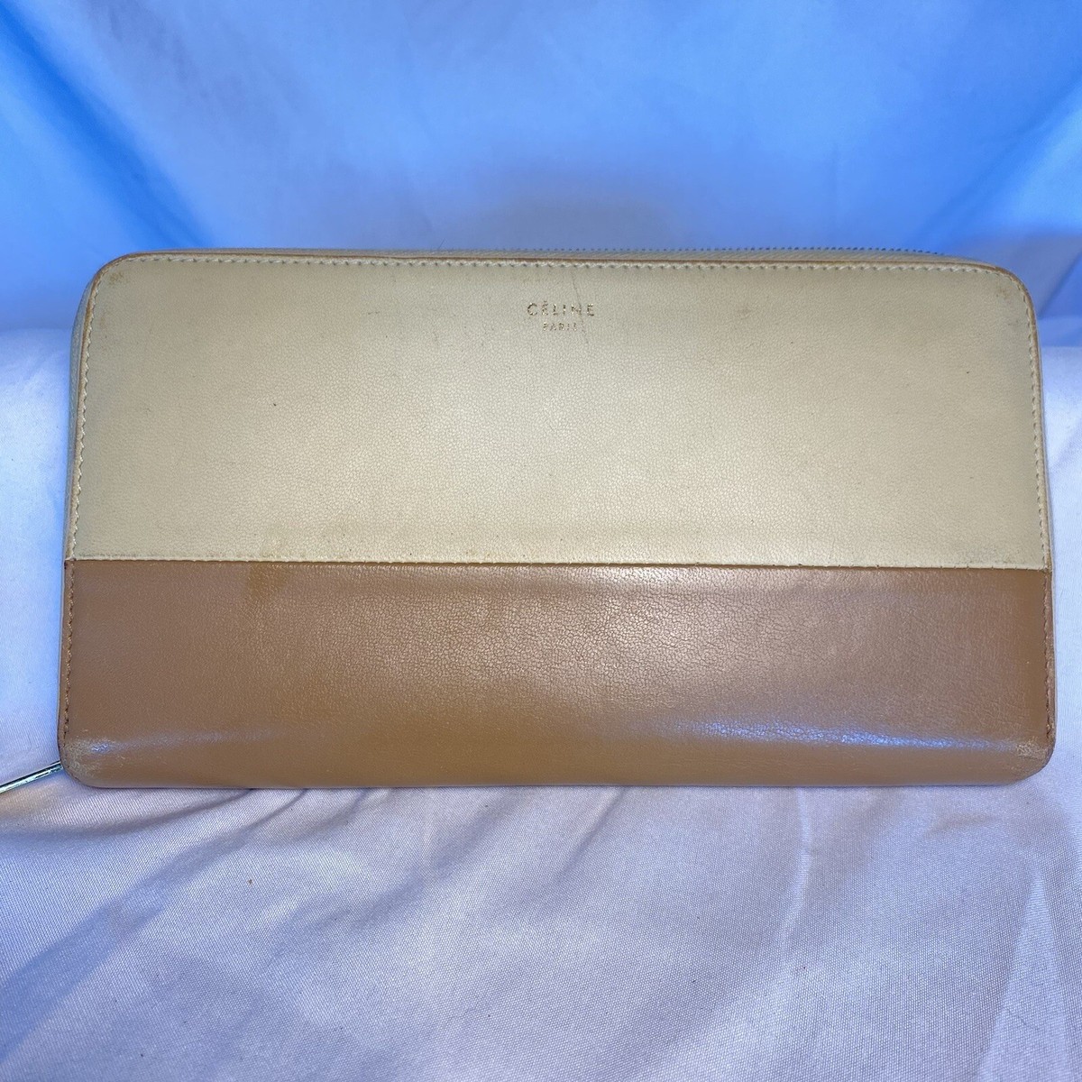 Authentic Vintage Celine Zipper Long Cream Tan Wallet Luxury
