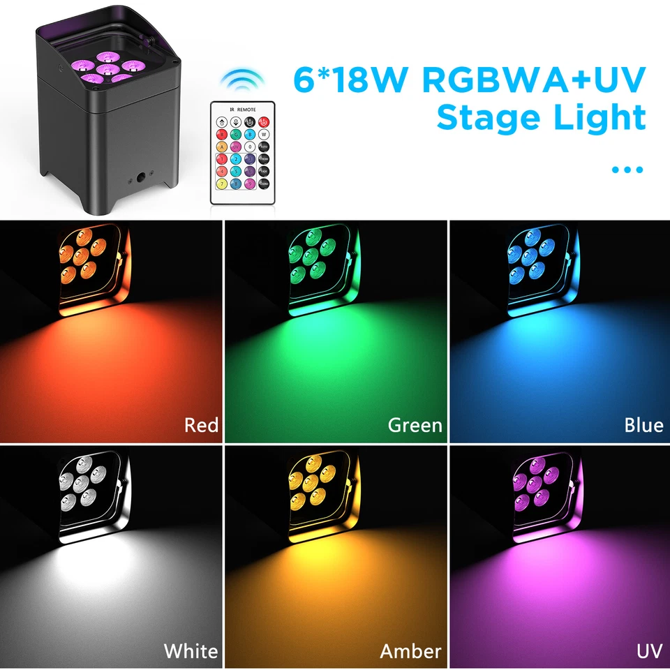 LED 6x18W RGBWA+UV Battery Powered WIRELESS DMX Par Can DJ Uplighting Up Lights - Image 3 of 4