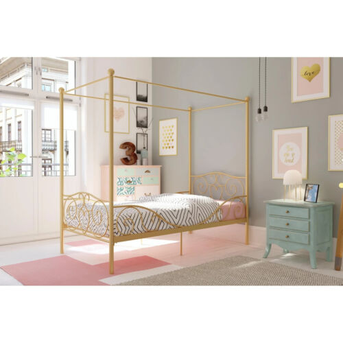 Gold Scrolling Heart Metal Canopy Twin Size Bed Frame For Girl Bedroom Furniture - Picture 4 of 8