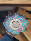 Electric Fenton Carnival Glass Blue Dragon & Lotus Pattern Flat Ruffled Bowl