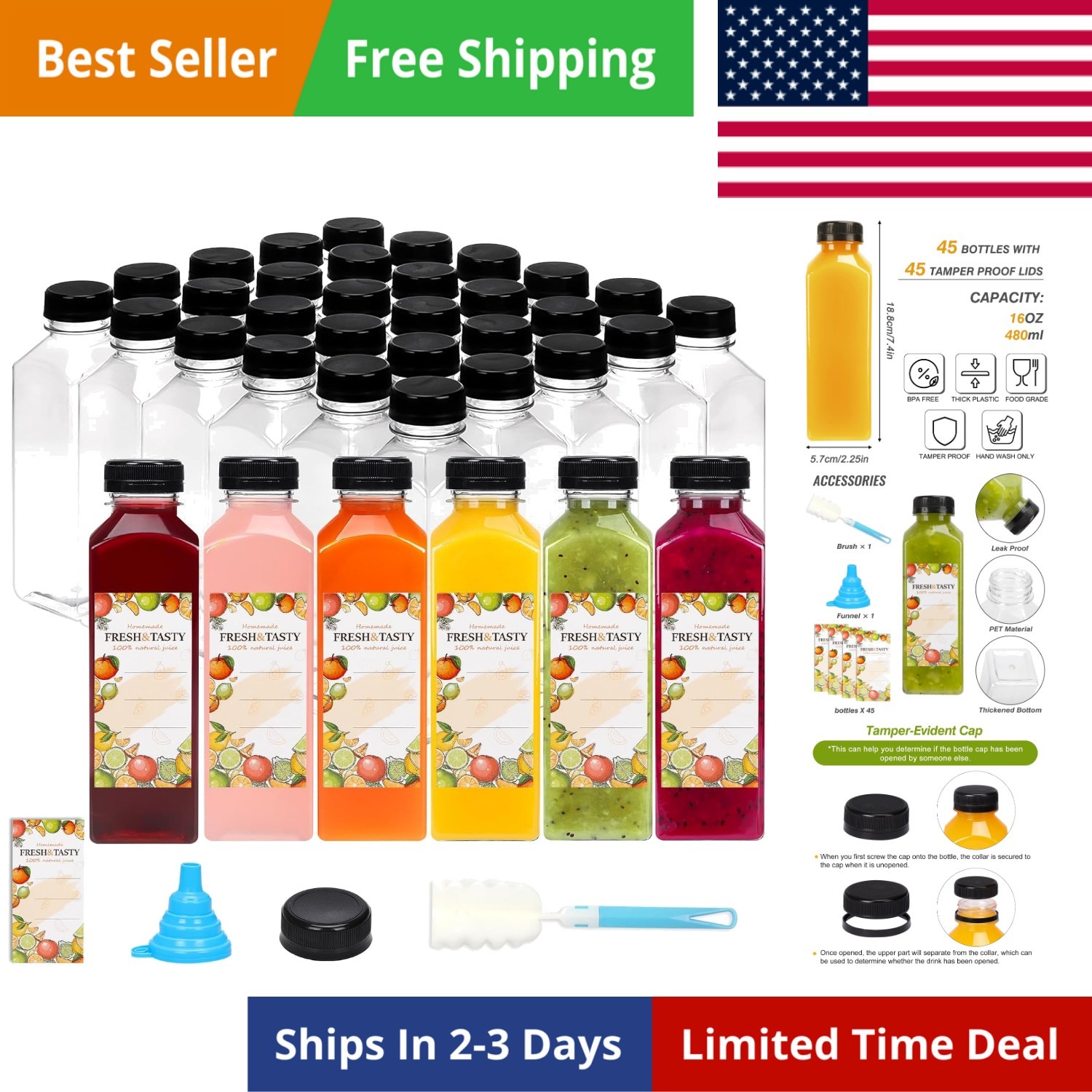 With Lids, 16oz Reusable Plastic Juice Bottles With Caps ...