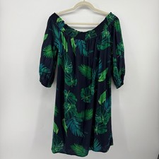Old Navy Women Large Navy Blue Tropical Palm Leaf Off Shoulder Shift Dress Linen