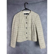 Zara Women Cream Black Gold Textured Tweed Button Front Collarless Jacket Large