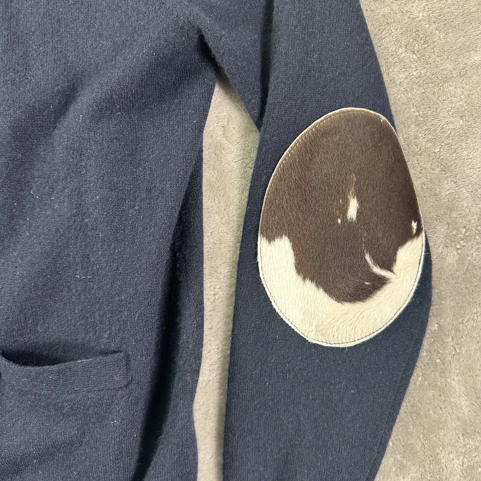 Harvey Faircloth Cardigan Sweater Cashmere Real Leather Fur Elbow Patches M Navy - Image 3 of 4