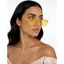 Fashion Narrow Small Women Sunglasses Yellow Tinted Lens Gold Metal Frame Retro