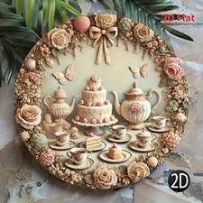 2D Flat, 8-Inch Round Tea Party Metal Wall Decor - Vintage Floral & Butterfly Te