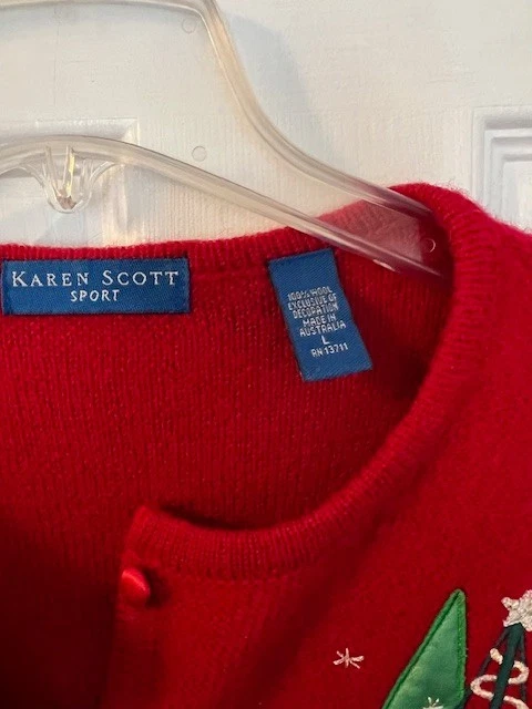Cárdigan Karen Scott Mujer’s L 100% Lana Bordado Temas Navidad Foto 4 de 4