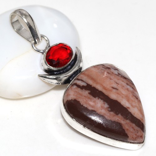 925 Silver Plated Coconut Jasper Garnet Long Pendant Jewelry Size 2.1" GW