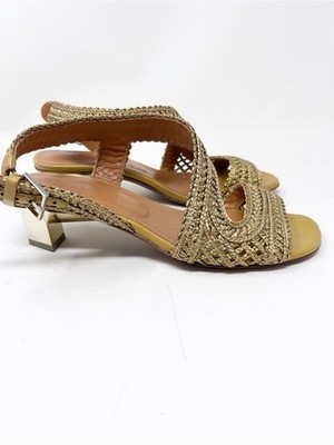 ROBERT CLERGERIE PARIS GOLD METALLIC WOVEN SANDALS GOLD GEOMETRIC HEELS 38.5/8