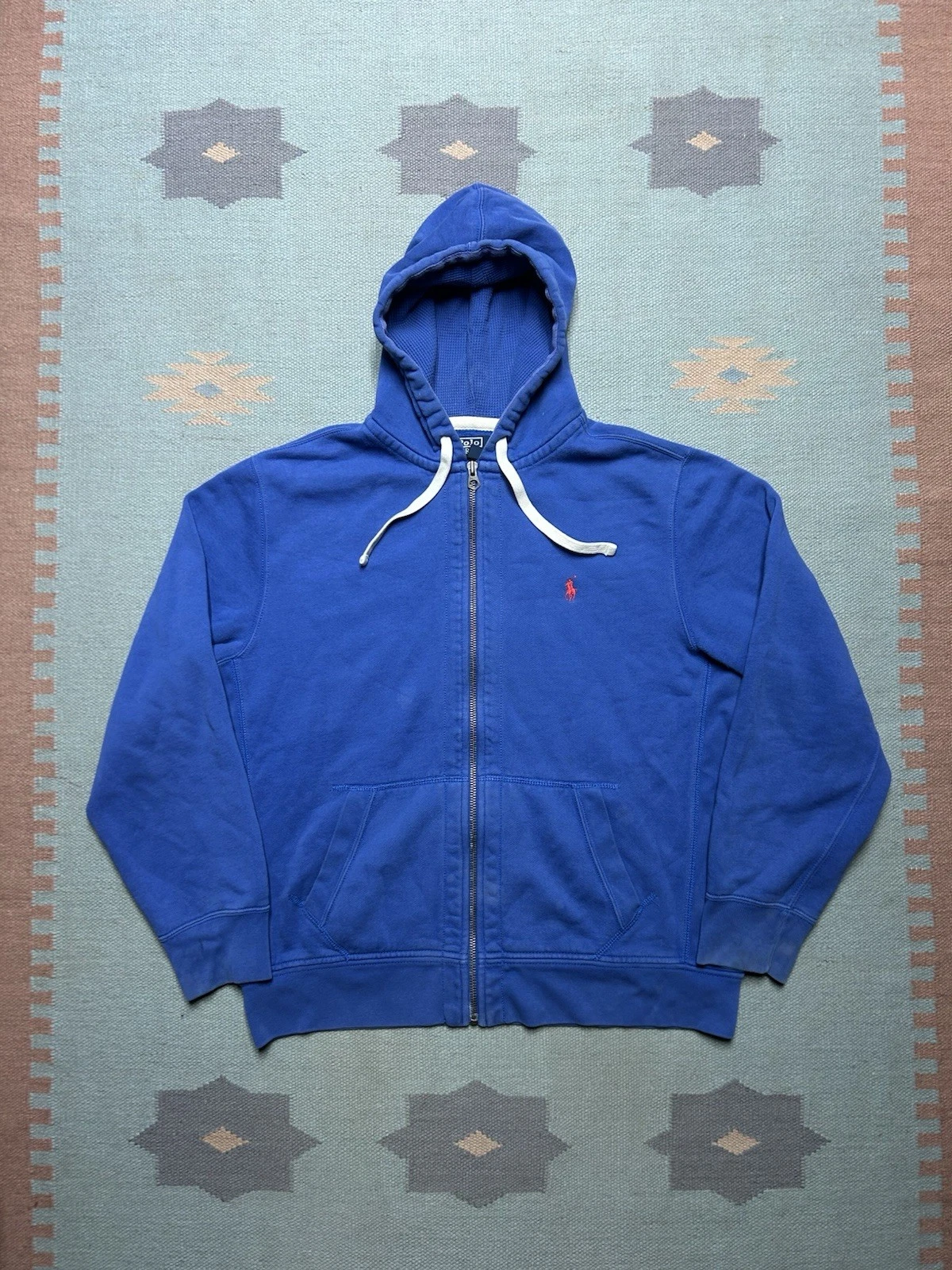 Vintage polo Ralph Lauren hoodie full zip waffle thermal hood pony navy blue XL