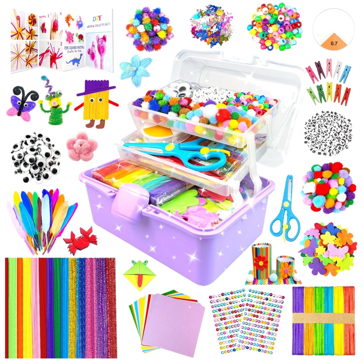 Bastelset Kinder 3000 Stück Bastelkoffer DIY Basteln Schulbedarf mit Pfeifenr...