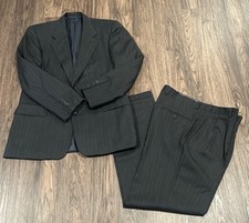 Hickey Freeman Boardroom Wool Cashmere 42R Suit Pinstripes Dark Gray 36X32
