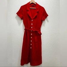 Quince Red European Linen Button Front Midi  Dress Chile XS Collar Old Money