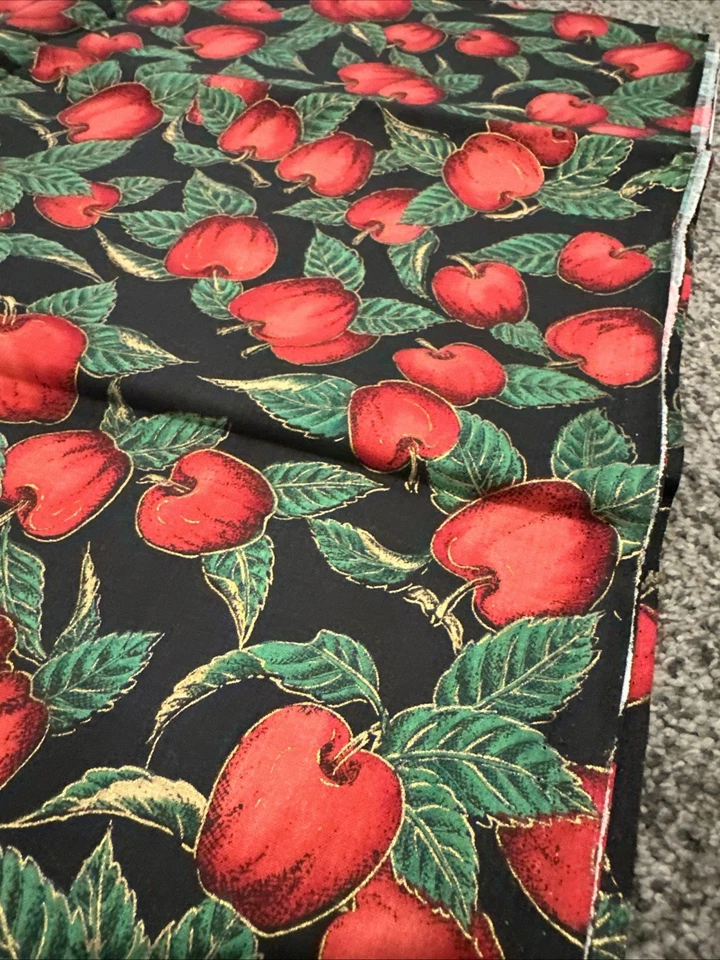 VTG Hoffman International Fabric 1.5 Yards Cotton Red Apples Black Background - Image 3 of 3