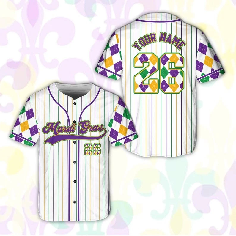 Personalized Argyle Mardi Gras New Orleans Festival Baseball Jersey