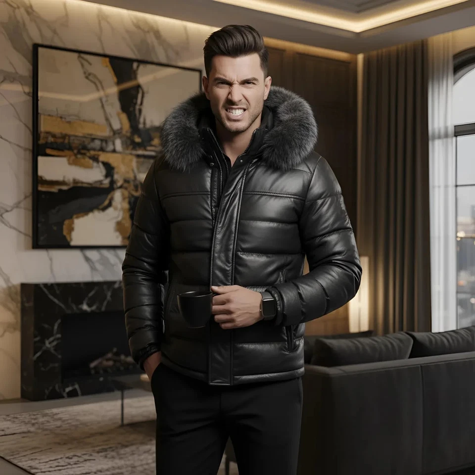 Luxury Men’s Leather Puffer Jacket with Fur Hood – Biker Bomber Style - Image 4 of 4