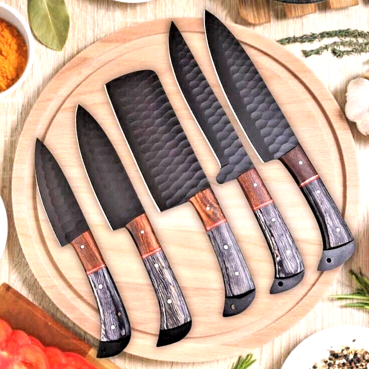 Custom Hand-Forged Carbon Steel Kitchen Chef Knife Set with Leather Bag 2930