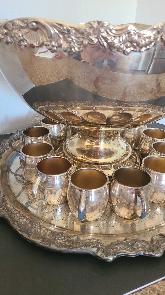 Vintage F.B. Rogers Silver C- Punch Bowl Set- Bowl-12 cups-Ladle