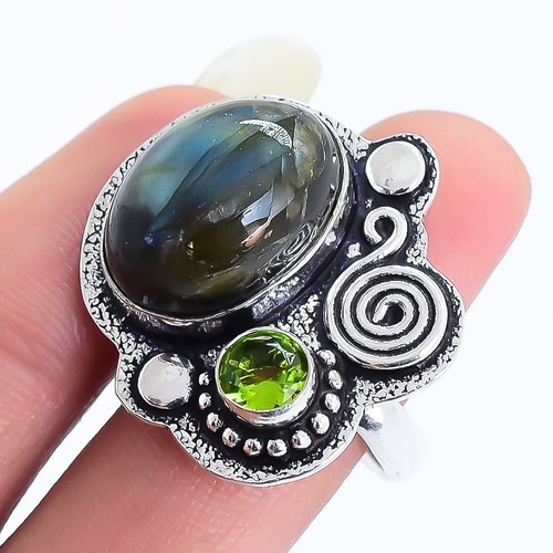 Bague En Cuivre Avec Labradorite Cœur - Taille 9 - Fait Main En Inde - Bijou Artisanal Vintage