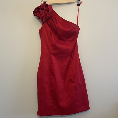 cache one shoulder dress Cache Size 6 True Red One Shoulder Rosette Rose Event Dress Mid Length