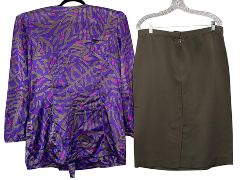 Vtg DONNA MORGAN Women Blazer Skirt Set Sz 11/12 Purple Green Event Party 72-6 - Picture 2 of 15