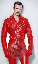 MEN SOFT GENUINE LEATHER RED CATSUIT FRONT ZIPER OVERALL BODYSUIT JUMPSUIT BIKER
