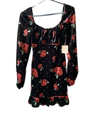 Forever 21 Short Dress Red Velvet Floral Rose M Off The Shoulder Ruffle LS CT